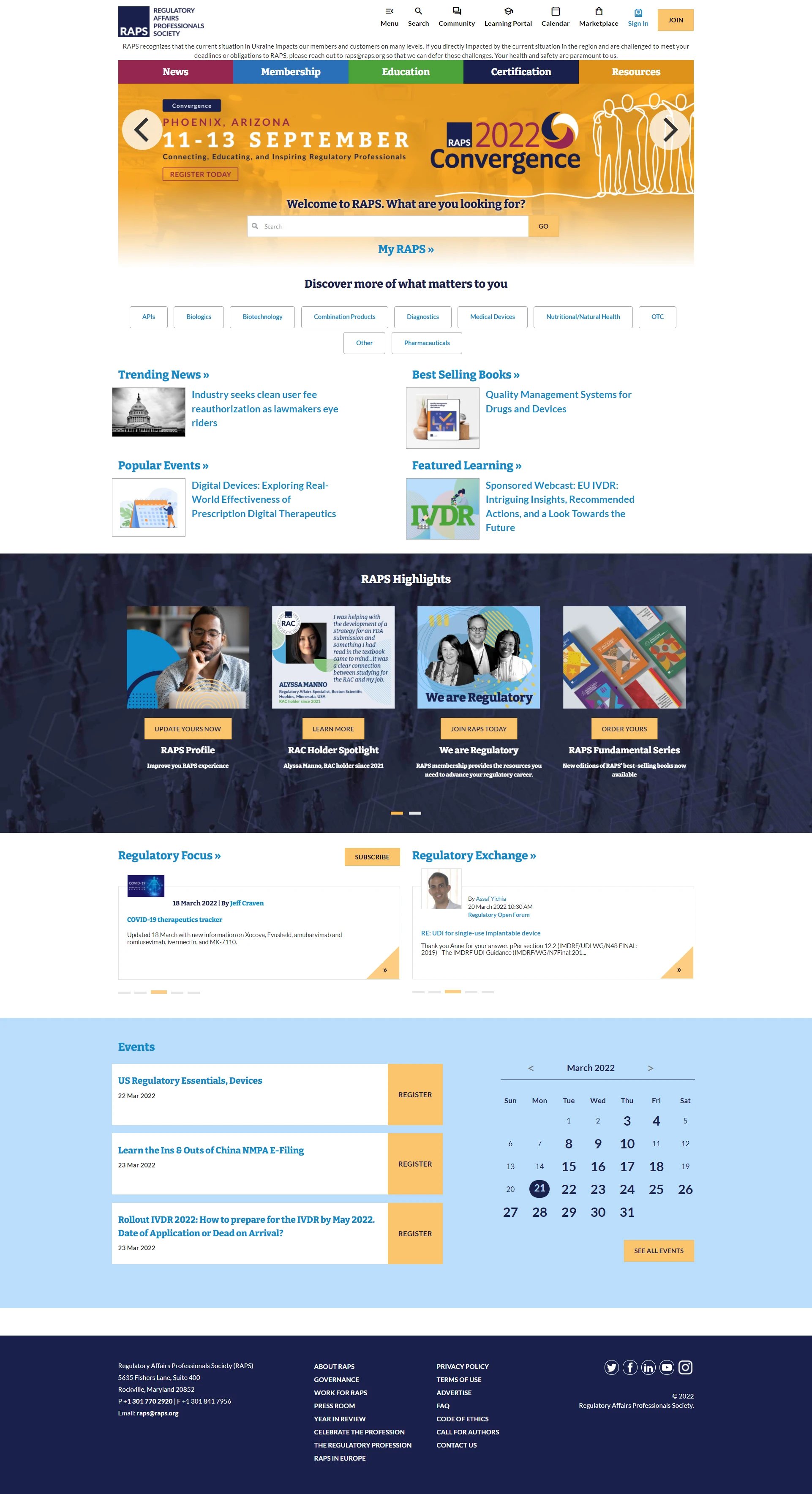 RAPS.org homepage in production — the intent-first 'What are you looking for?' framing and category chip cluster from the IA work shipped to the live site.